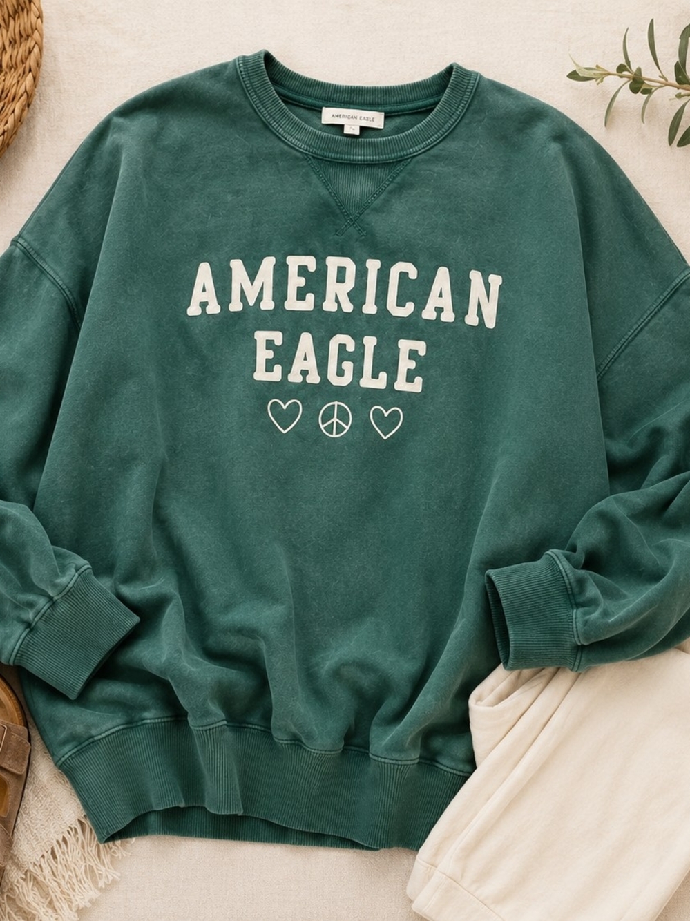 American Eagle Outfitters Forest Green Logo Crewneck Sweatshirt - Picture 2 of 7